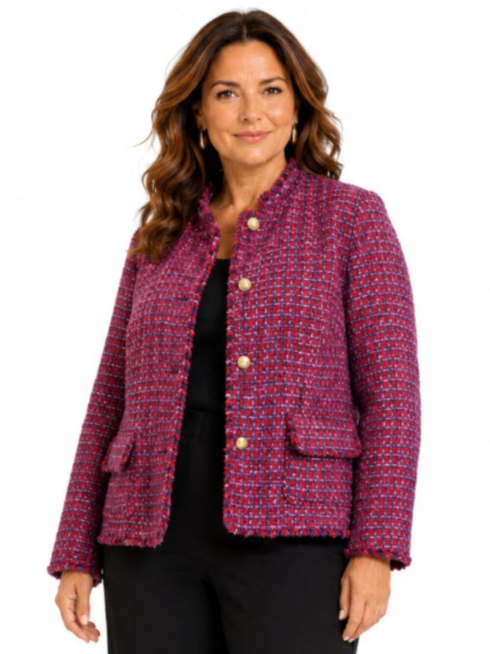 Talbots Tweed Plaid Blazer Jacket Pink Blue Purple Gold Buttons 22W NW0T